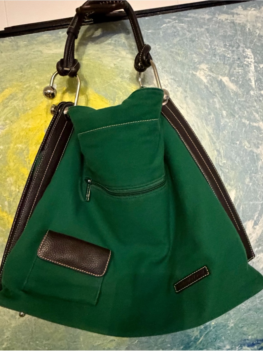BCBGMaxAzria Green Canvas Messenger Bag with Dark Brown Leather Trim - Picture 9 of 11